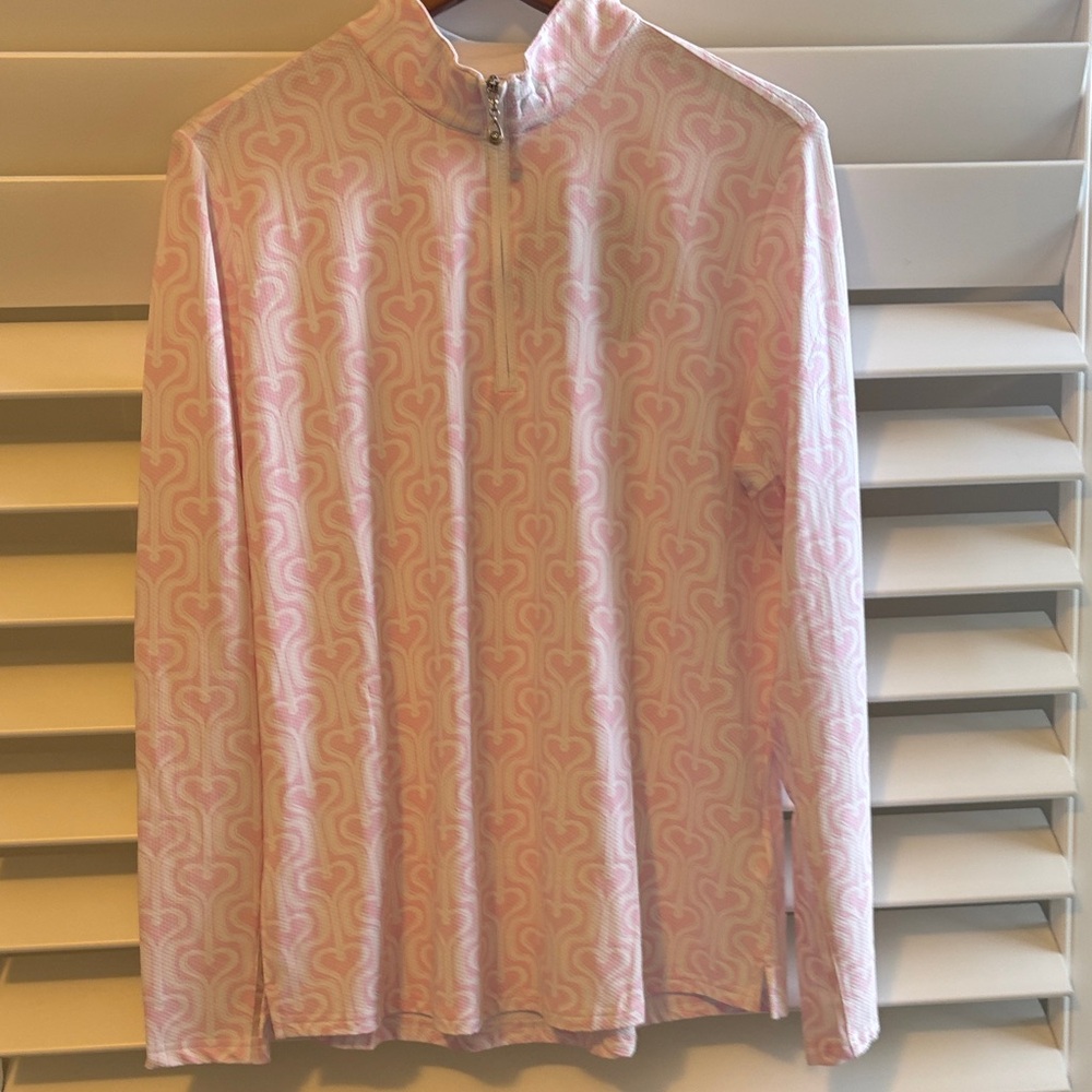 SanSoleil NWT Long Sleeve Pink Hearts Quarter Zip Sun Golf Pickleball Shirt NEW - Picture 3 of 16